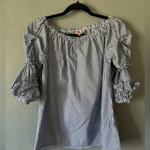 Laurie Felt | striped | ruched | puff sleeve | cotton | top | off shoulder | xs
